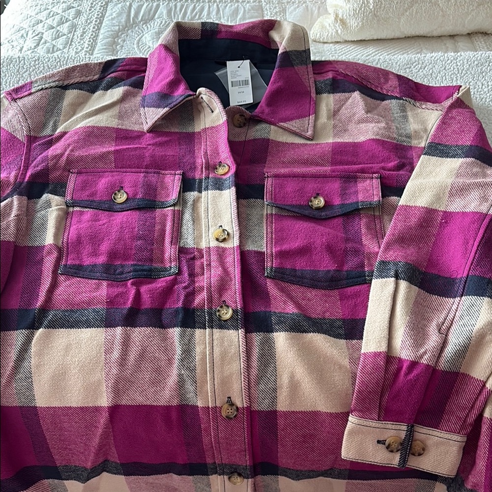 Lane Bryant Pink and Tan Plaid Shirt